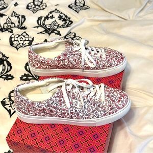 Tory Burch Amalia Red Keepsake Floral Print Leather Sneakers, Size 8M, worn once